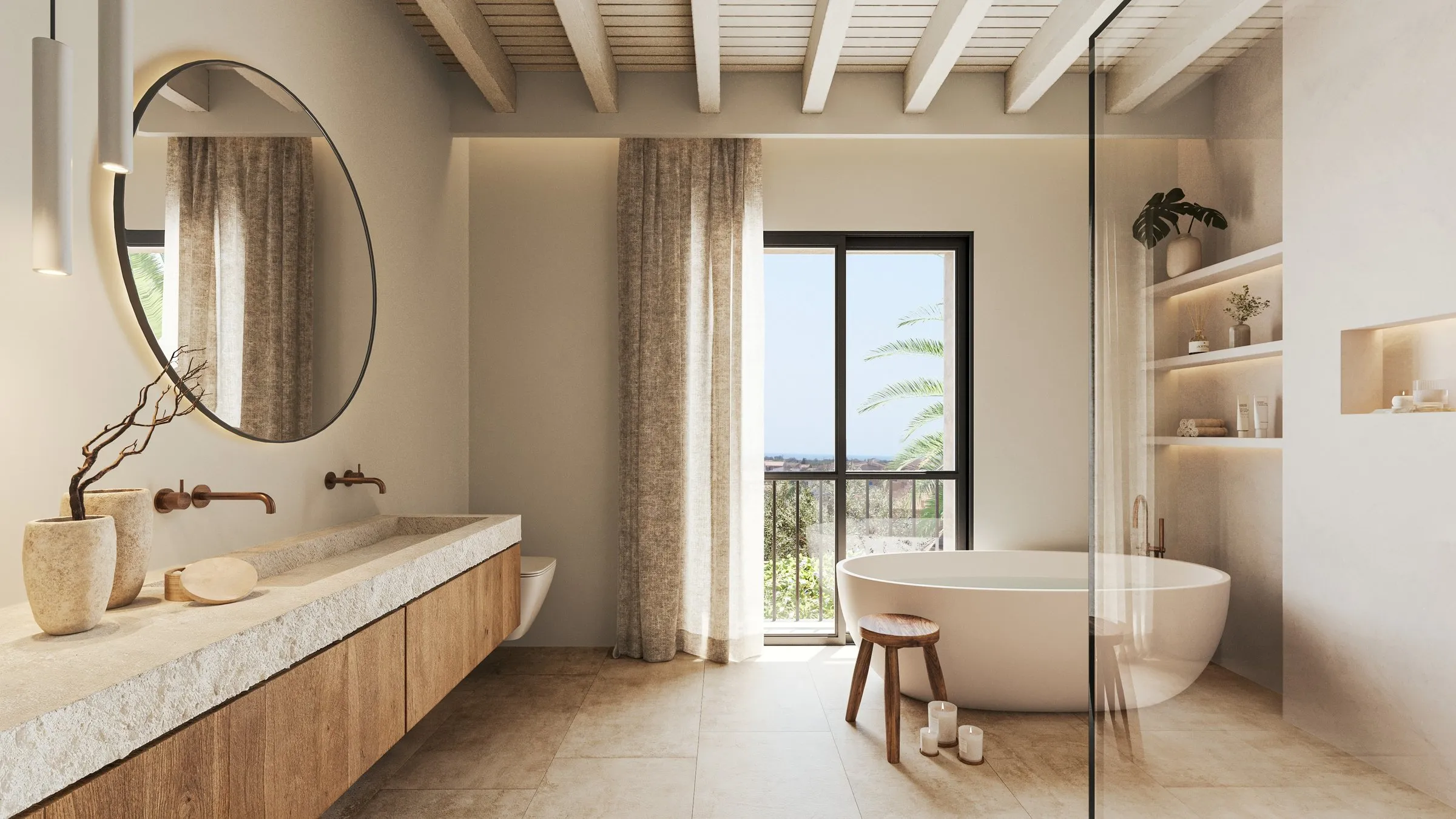 Baño principal con bañera exenta y vigas blancas en la vivienda Asprer