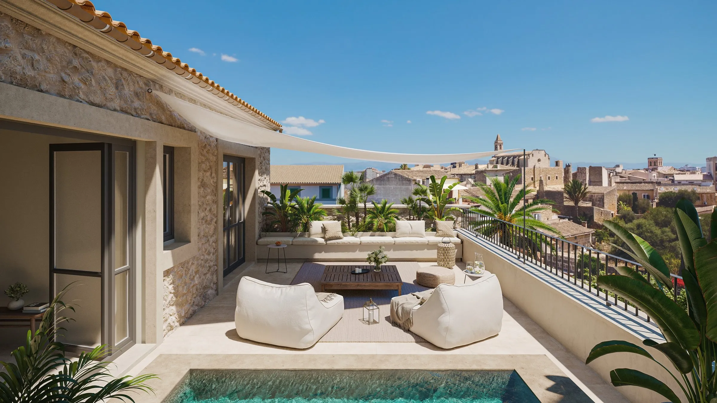 Terraza cubierta de la vivienda Asprer con vistas sobre los tejados de Santanyí