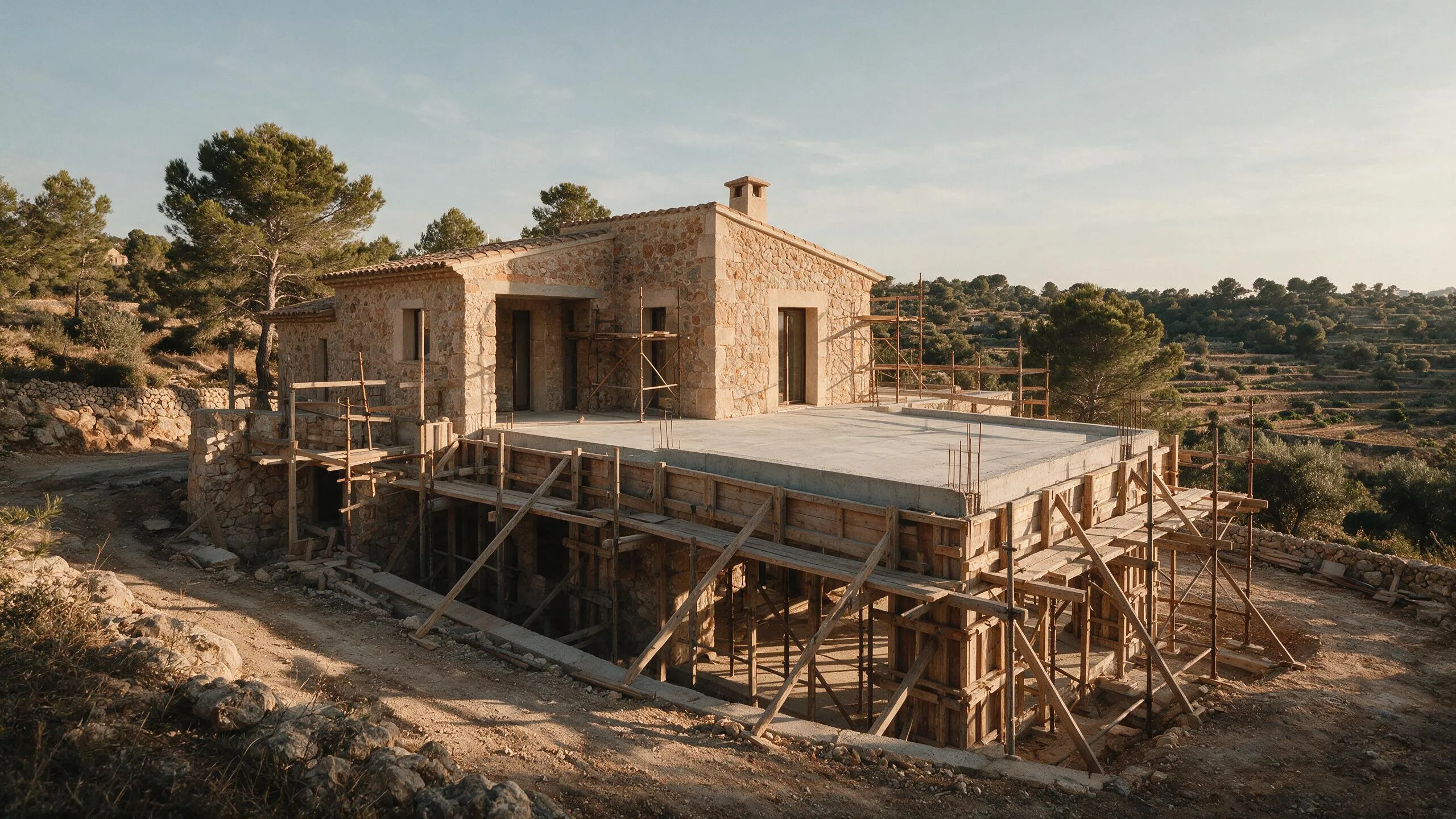 Vivienda mallorquina en construcción con encofrado de madera y forjado de hormigón terminado