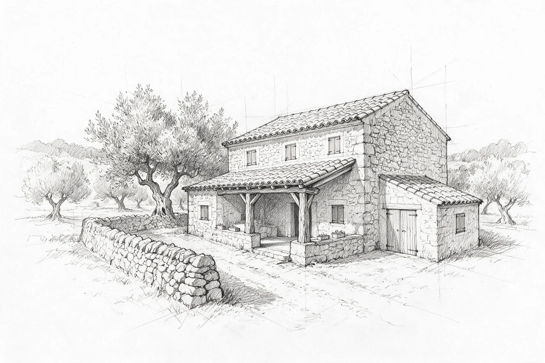 Croquis a lápiz de una finca mallorquina de piedra con porche y muro de piedra seca
