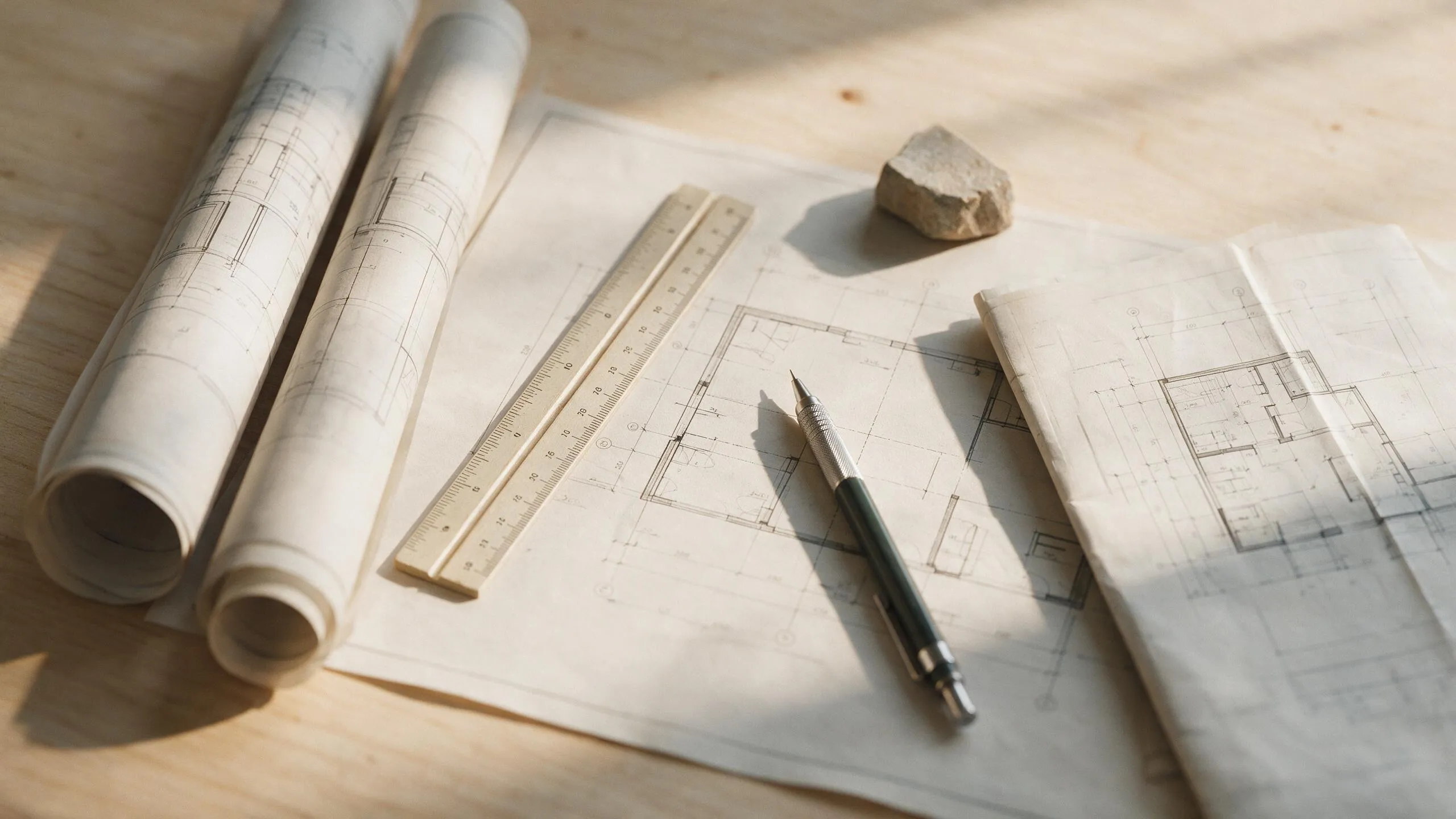 Planos y estado de mediciones sobre la mesa de un estudio de arquitectura