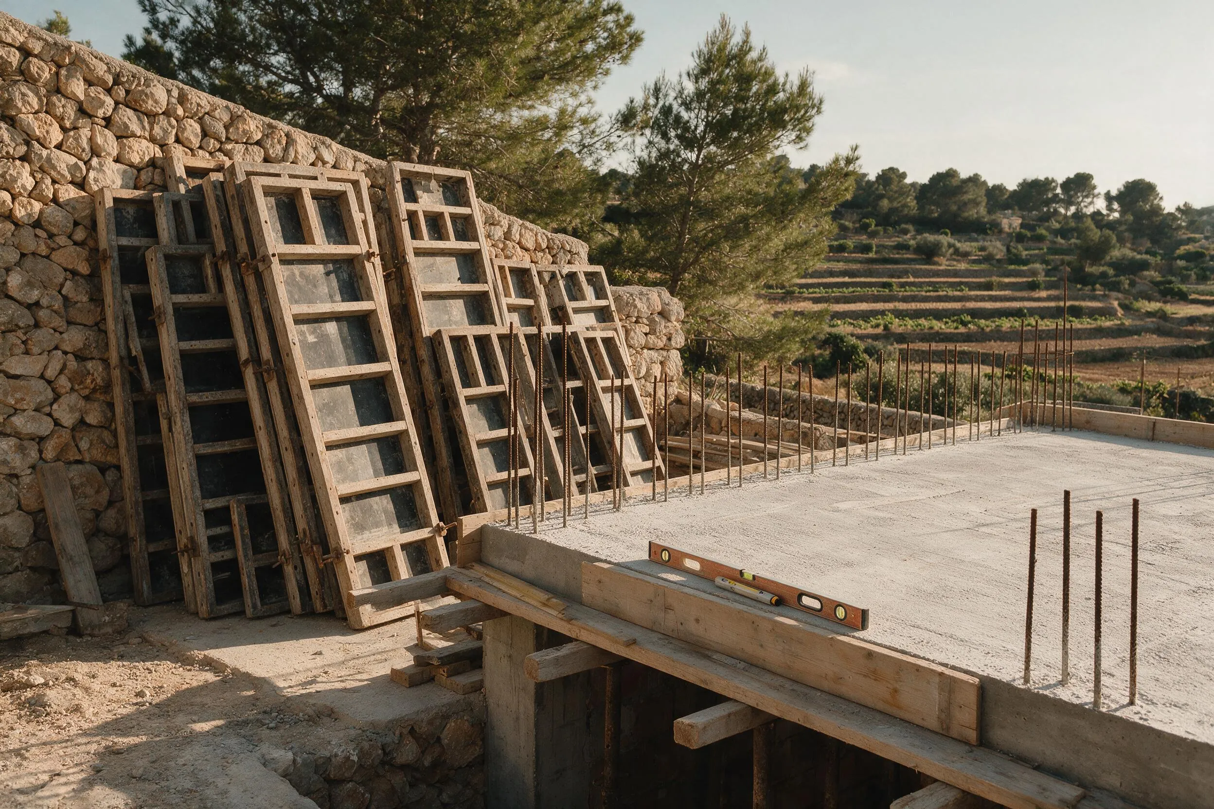Paneles de encofrado de madera apoyados en un muro de piedra seca, junto a un forjado de hormigón en obra