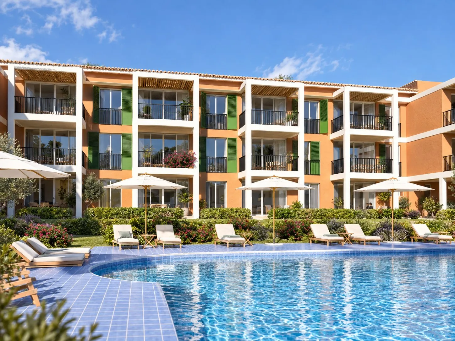 Piscina de Port Verd con tumbonas y las fachadas de los apartamentos al fondo