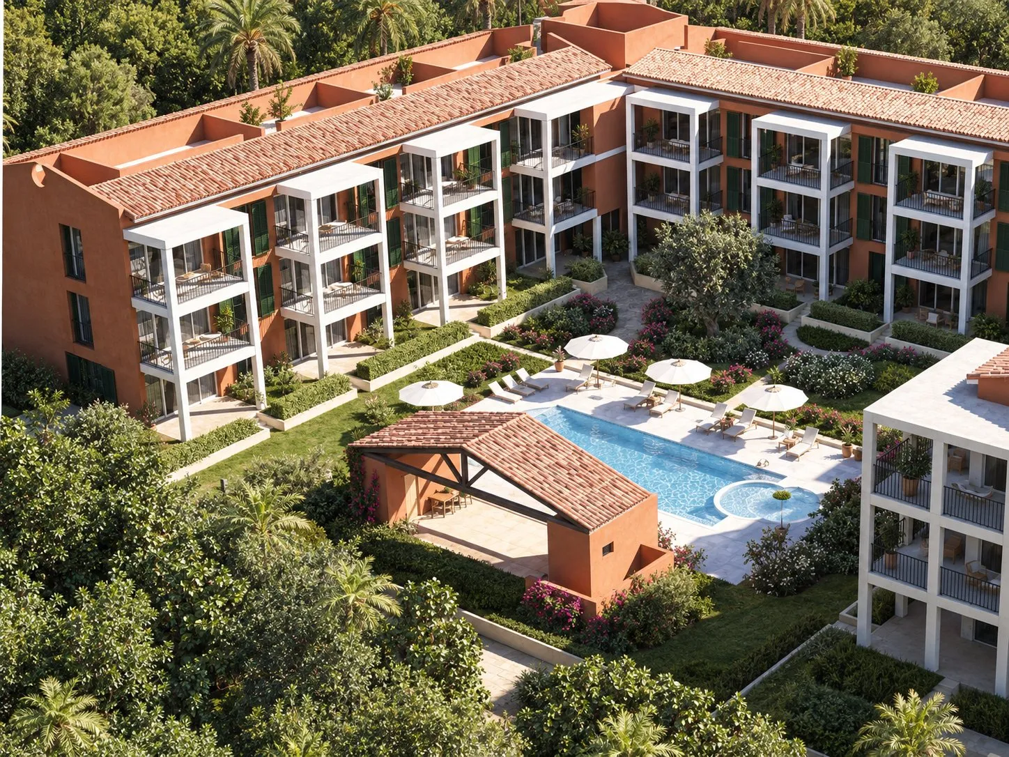 Vista aérea de la promoción Port Verd con los bloques alrededor del jardín y la piscina