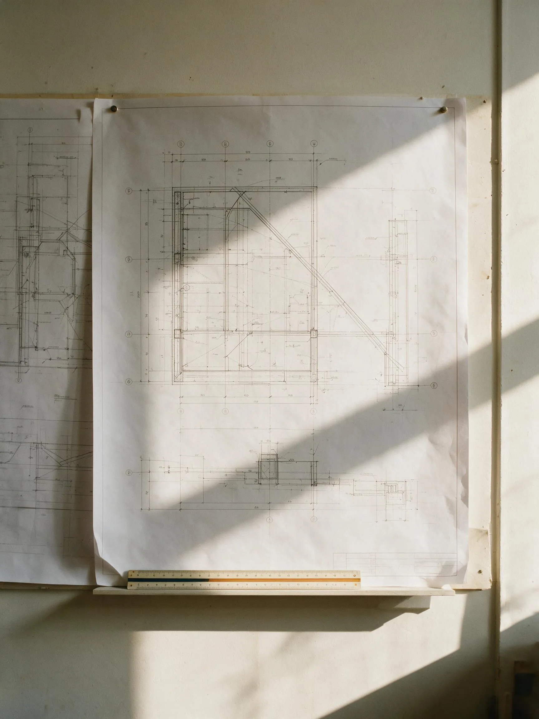 Planos y documentación técnica de una obra sobre la mesa del estudio