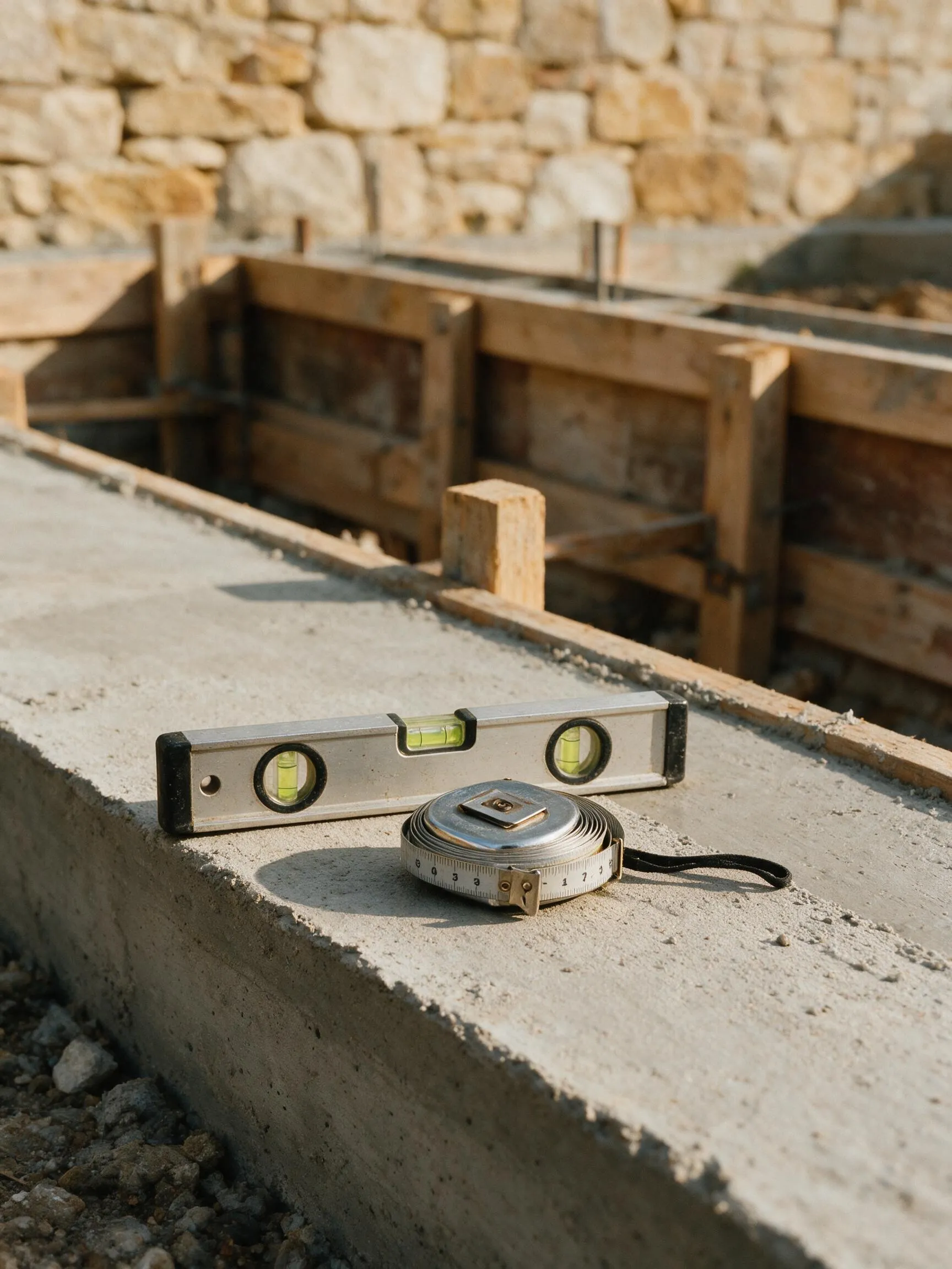 Spirit level and tape measure on a freshly cast concrete foundation beam, with timber formwork behind