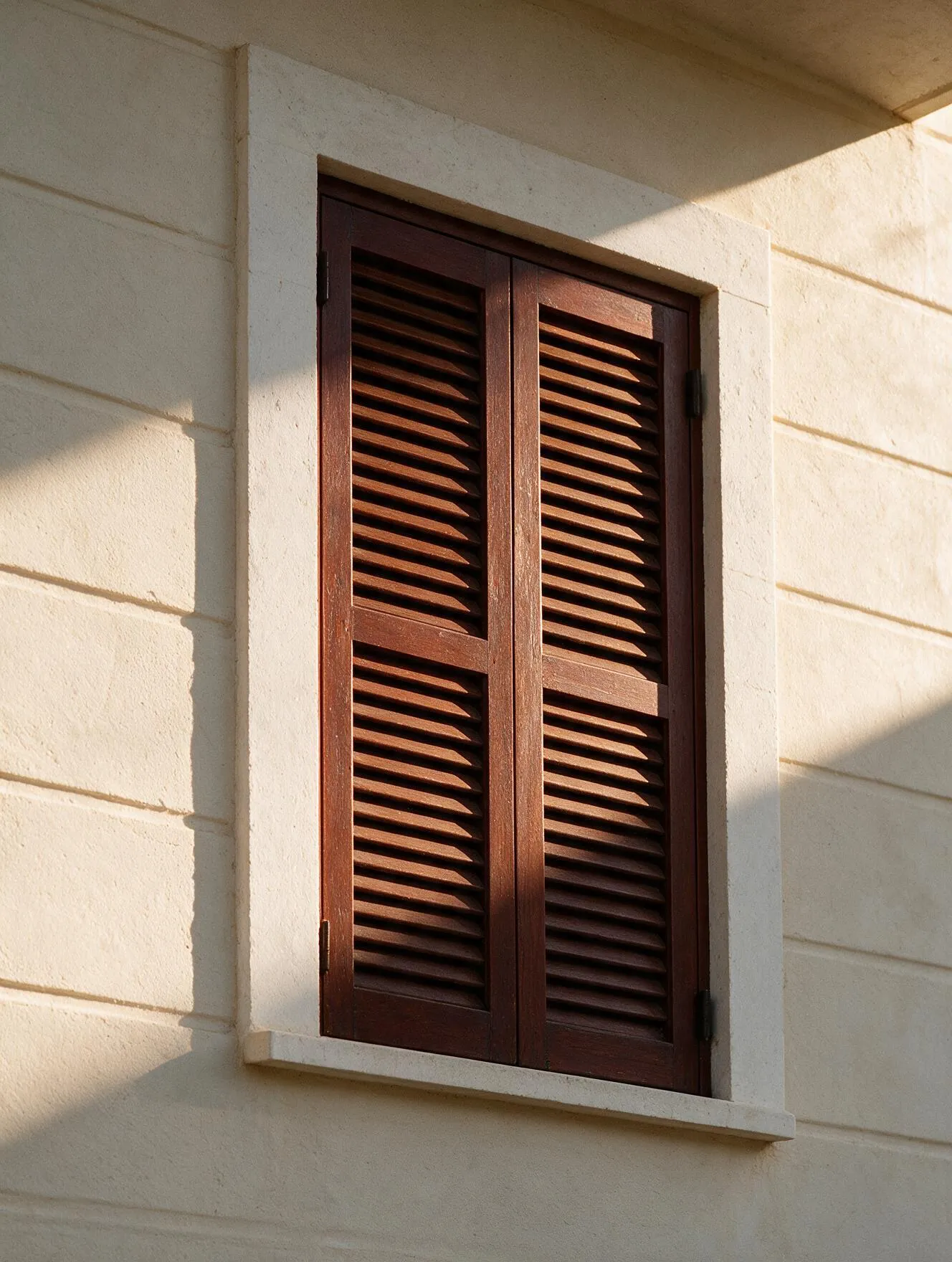 Detalle de contraventana de madera de lamas sobre muro enfoscado, con recerco de piedra