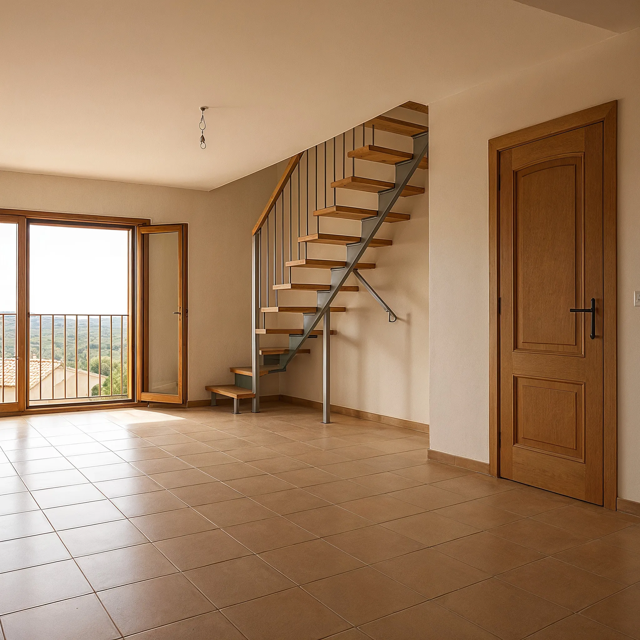 Vivienda vacía de Son Pastor antes de la entrega, con escalera de madera y salida al balcón sobre el campo