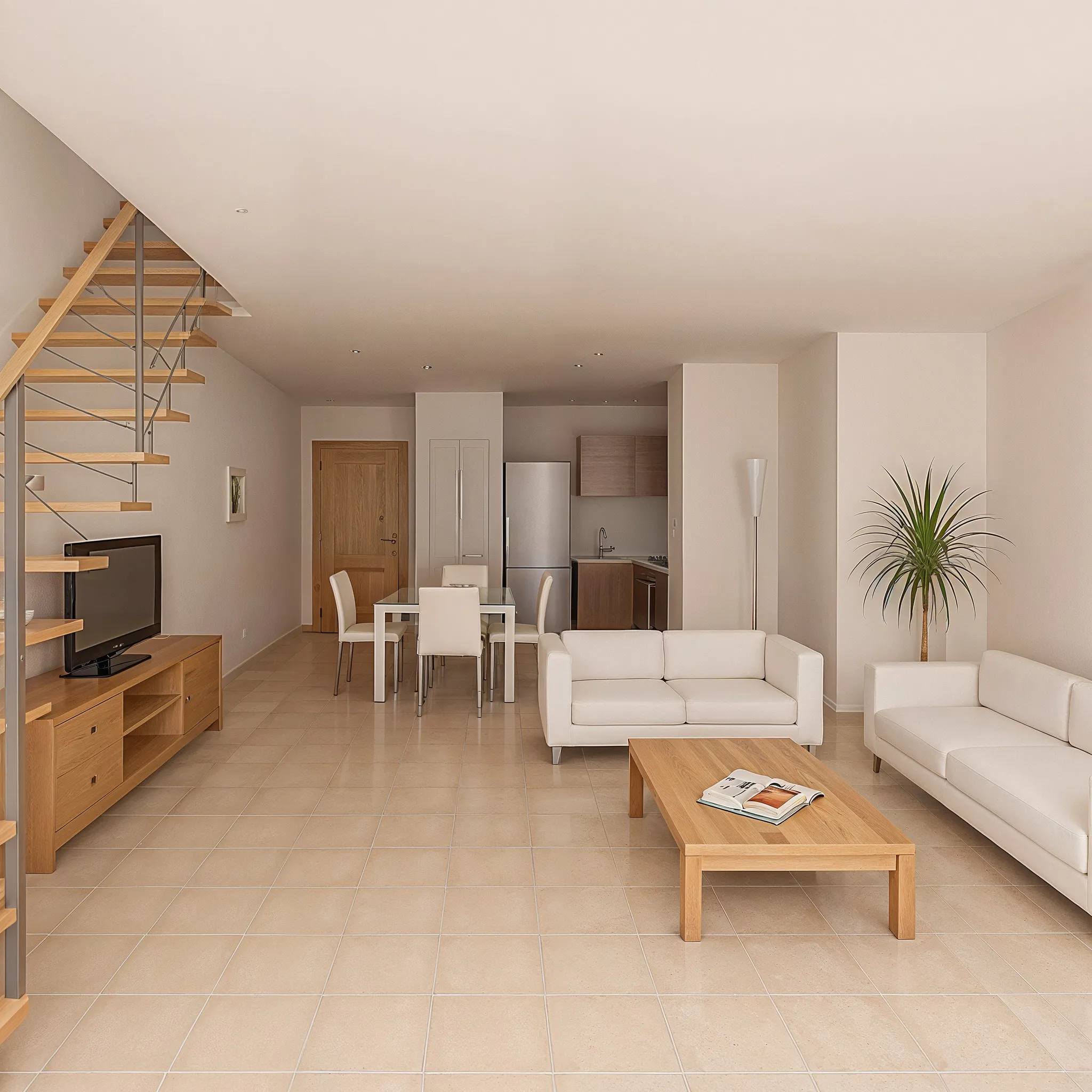 Salón comedor de una vivienda de Son Pastor con escalera de madera y acero y salida a terraza