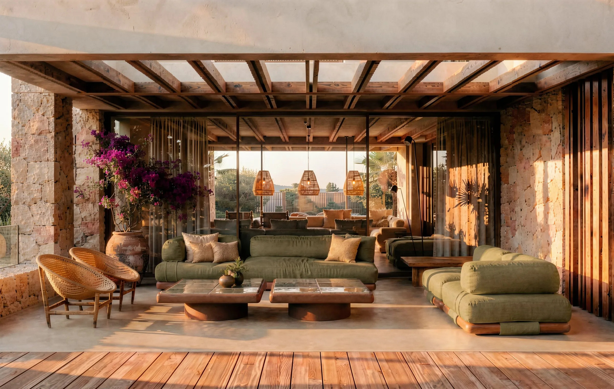 Porche cubierto de la vivienda Tagomago con sofás y pérgola de madera